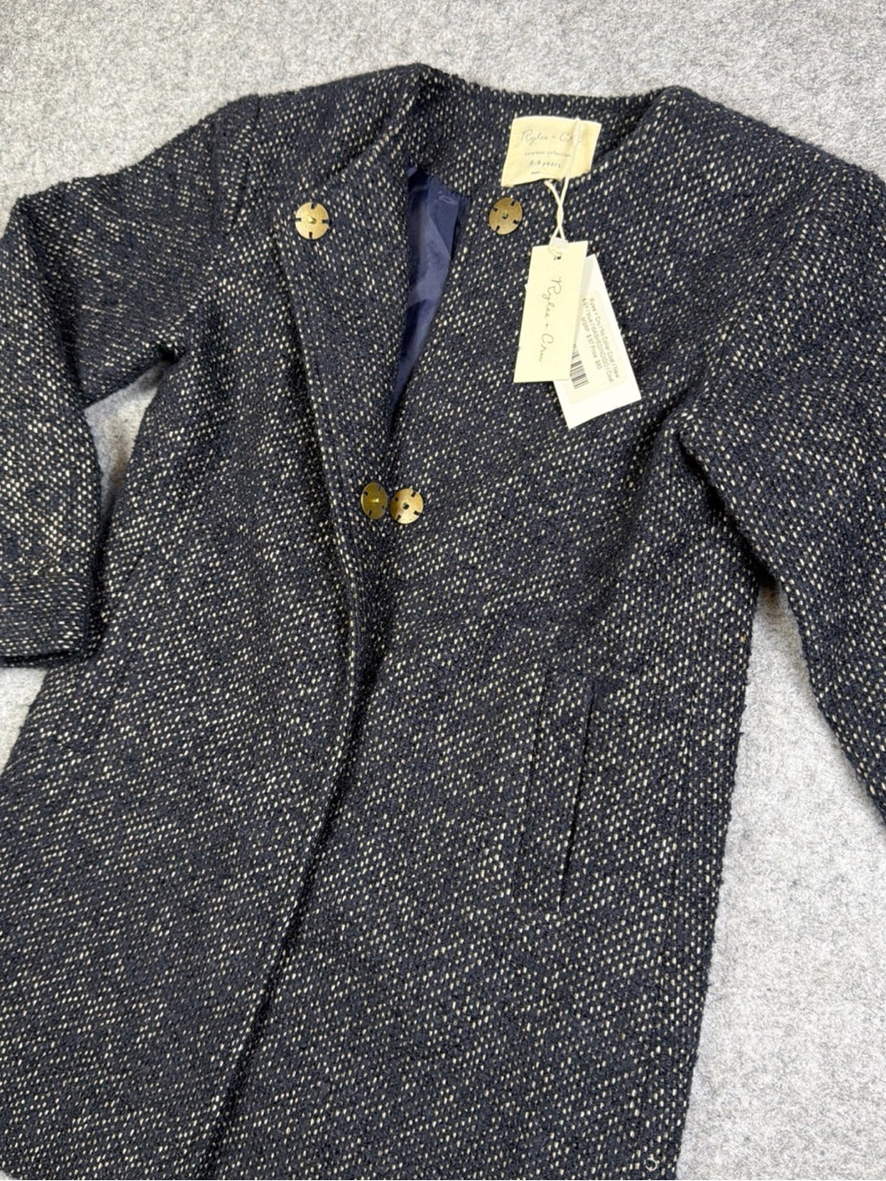 Rylee + Cru Navy Tweed Double-Breasted Pea Coat